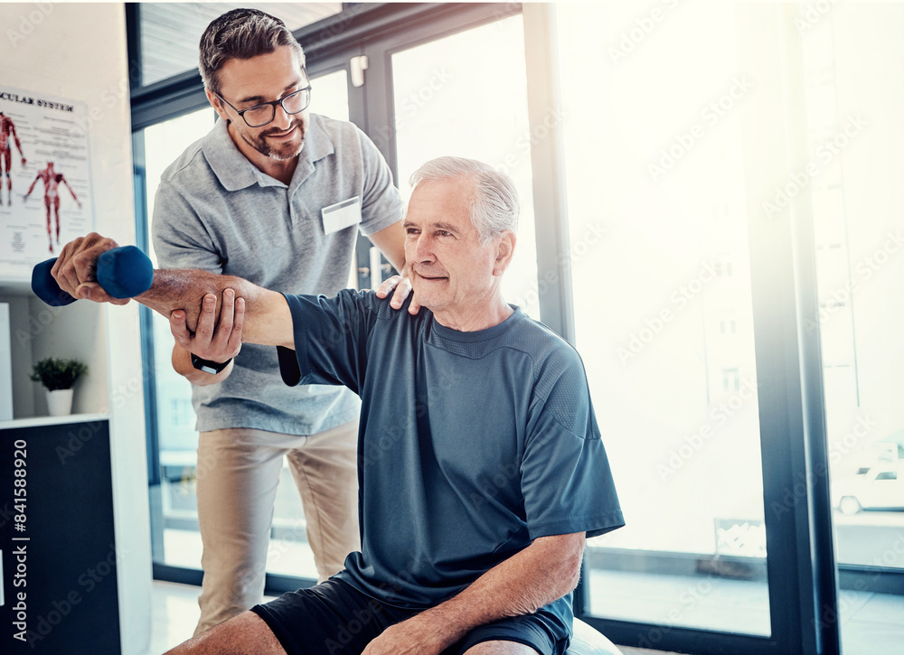 Weight, senior man and physiotherapy with healthcare, wellness and client assessment at doctor. Consultation, rehabilitation and arm exercise from physical therapy and recovery of patient with care Weight, senior man and physiotherapy with healthcare, wellness and client assessment at doctor. Consultation, rehabilitation and arm exercise from physical therapy and recovery of patient with care
