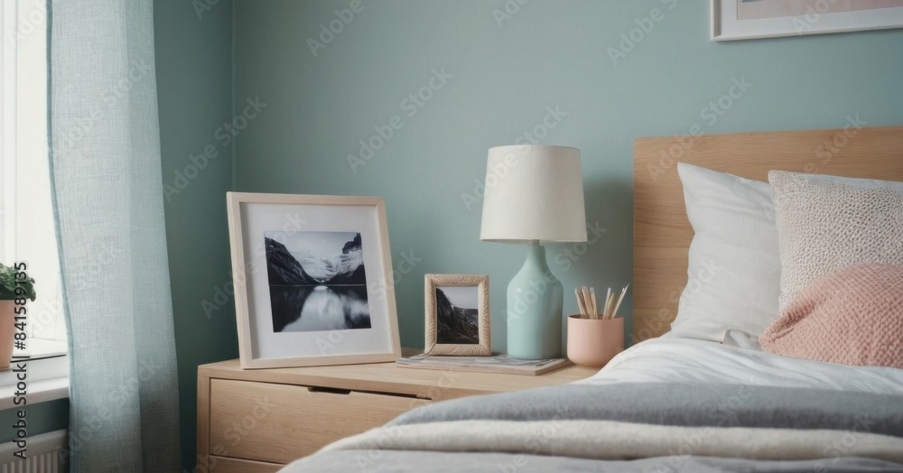 Fototapeta premium A serene and airy bedroom with light wooden furniture, soft pastel colors