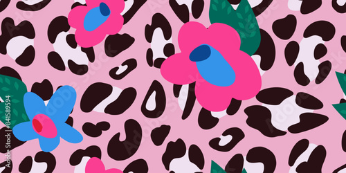 Large abstract flowers on the background of leopard spots. Animalistic print. Vector seamless pattern for printing on fabric and paper.