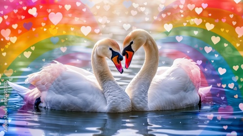 Fototapeta Naklejka Na Ścianę i Meble -  Two swans forming a heart shape with their necks, surrounded by rainbow hearts.
