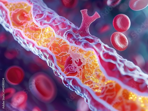 Hyperrealistic rendering of arterial plaque formation, saturated colors, macro lens view photo