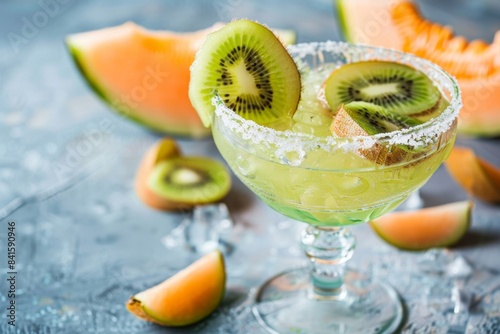 A margarita adorned with kiwi and melon slices rests on a table