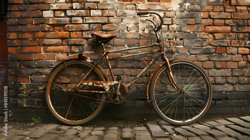 An old rusty bicycle is leaning against a brick wall