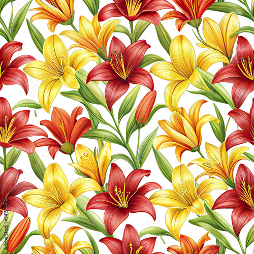 A digital illustration of red and yellow lily flowers with green leaves against a black background. Generative AI