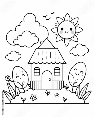 Black and white line drawing of a small house nestled in the middle of a forest. It conveys simplicity, peace and warmth. Suitable for teaching coloring for children. Or use it as a picture to decorat