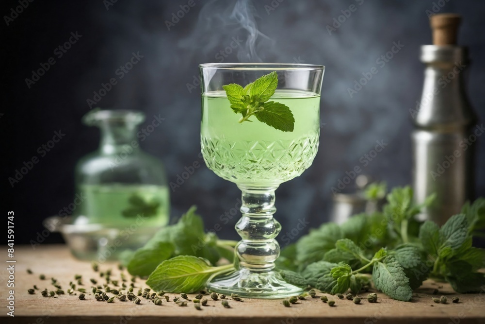 Herbal Elegance: a glass of absinthe on a light grey or beige surface with a sprig of fresh mint or a few scattered fennel seeds beside it. Herbal Elegance: a glass of absinthe on a light grey or beige surface with a sprig of fresh mint or a few scattered fennel seeds beside it.