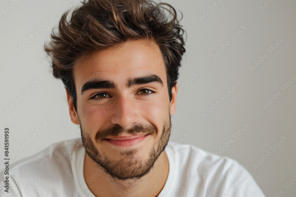 A close up portrait of a young man with a subtle smile A close up portrait of a young man with a subtle smile