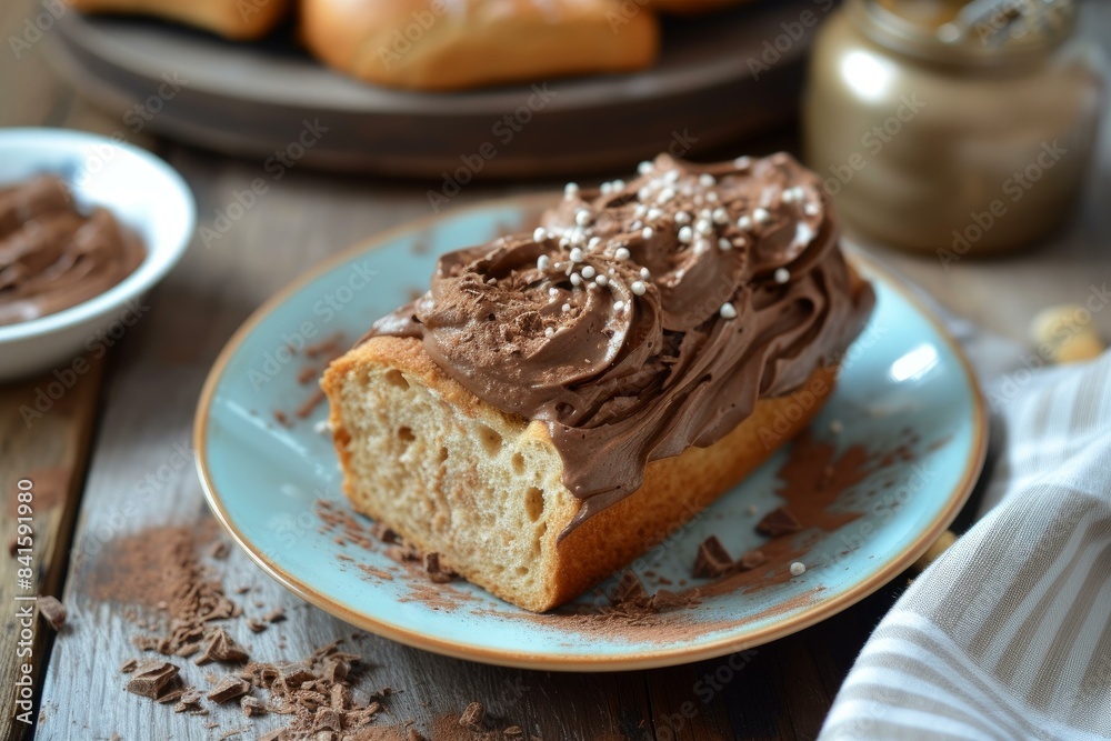 Close-up of creamy chocolate spread on a fresh brioche slice, garnished with chocolate shavings Close-up of creamy chocolate spread on a fresh brioche slice, garnished with chocolate shavings