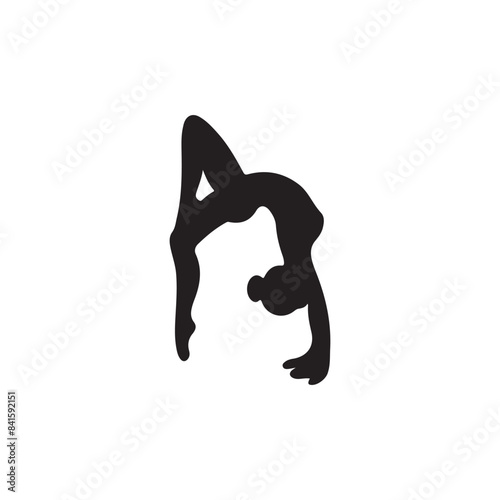 Beautiful yoga asana in wheel pose in black isolated on white background. Hand drawn vector silhouette illustration in doodle icon style. Concept of healthy training, lifestyle, sport.