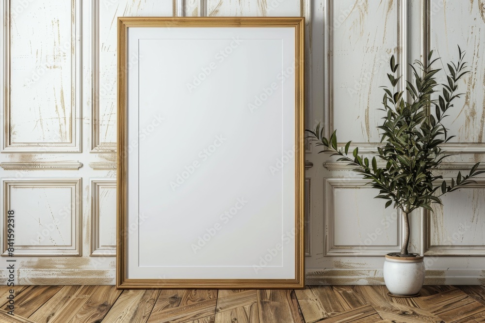 Poster frame mockup on wooden floor created with Generative AI Poster frame mockup on wooden floor created with Generative AI