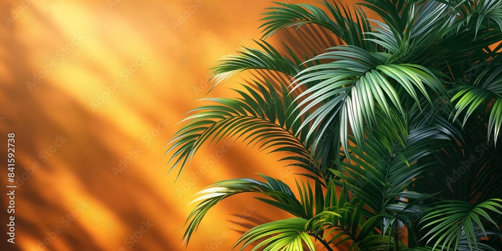 Tropical palm leaves casting shadows on an orange background. Summer vacation and exotic nature concept. Design for spa poster, wallpaper, banner with copy space. Tropical palm leaves casting shadows on an orange background. Summer vacation and exotic nature concept. Design for spa poster, wallpaper, banner with copy space.
