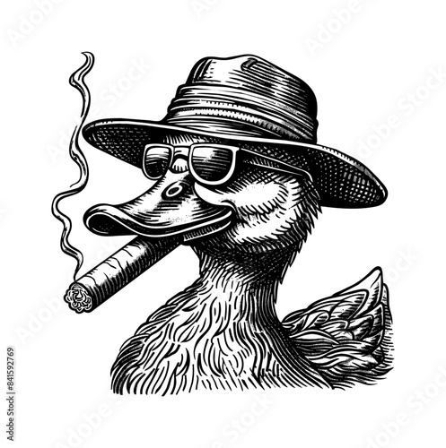 duck, wears retro hat sunglasses and smoking cigarette engraving black and white outline