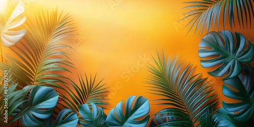 Tropical palm leaves on an orange background. Summer vacation and exotic nature concept. Design for spa poster  wallpaper  banner with copy space.