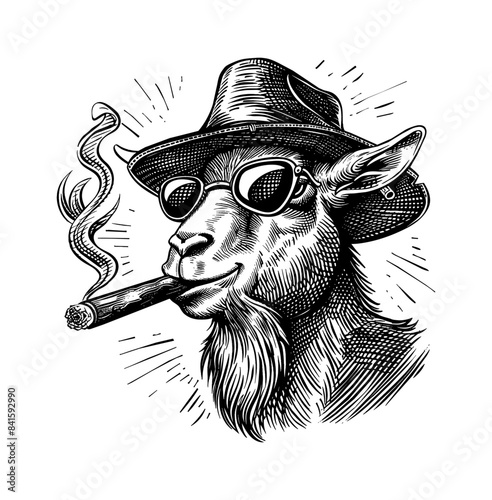 goat, wears retro hat sunglasses and smoking cigarette engraving black and white outline