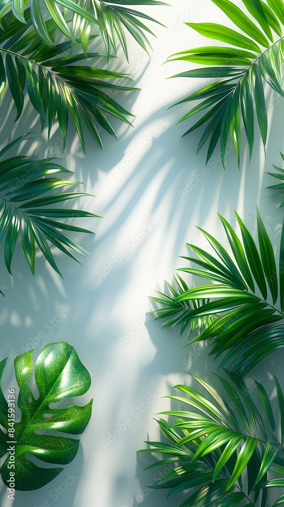 Tropical palm leaves on an white background. Summer vacation and exotic nature concept. Design for spa poster, wallpaper, banner with copy space.