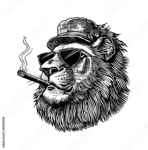 lion, wears retro hat sunglasses and smoking cigarette engraving black and white outline