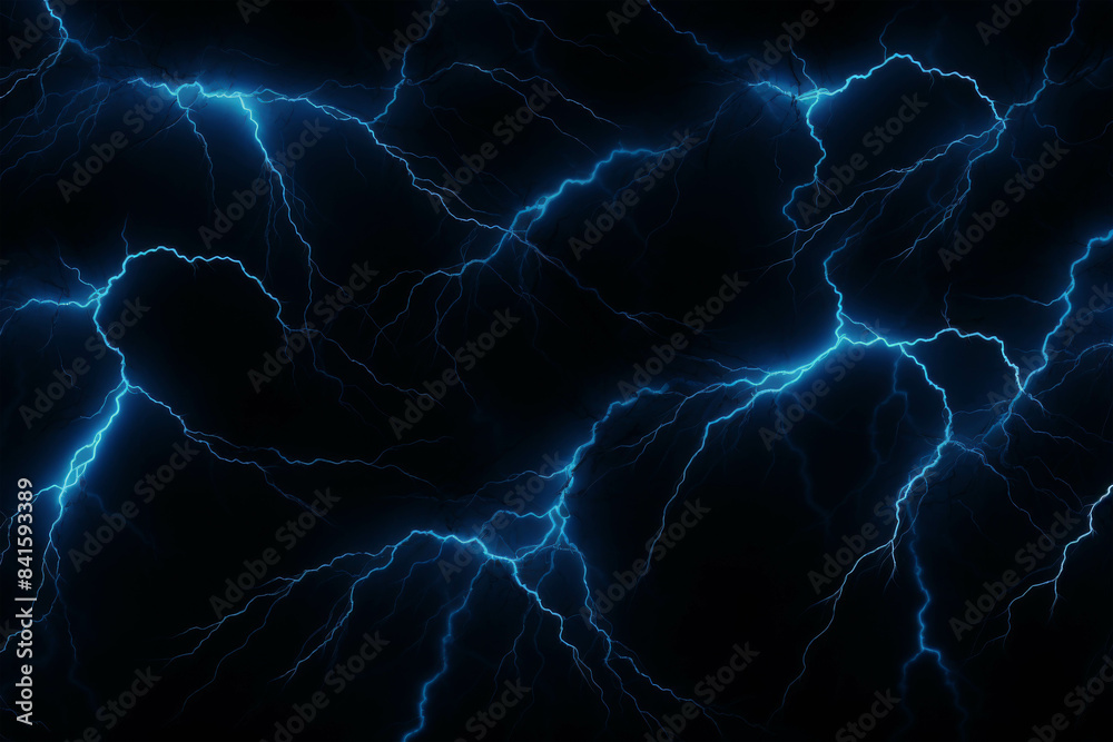 A dramatic blue lightning bolt illuminates the dark night sky during a powerful thunderstorm