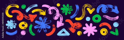 Set of colorful brush-drawn bold geometric shapes, arrows, asterisks and circles. Squiggle thick lines for collage.