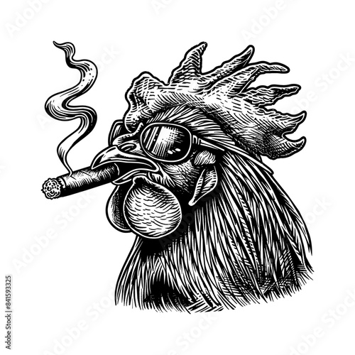 rooster, wears retro hat sunglasses and smoking cigarette engraving black and white outline