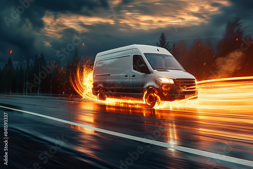 Super fast delivery package service, van with wheels on fire on road