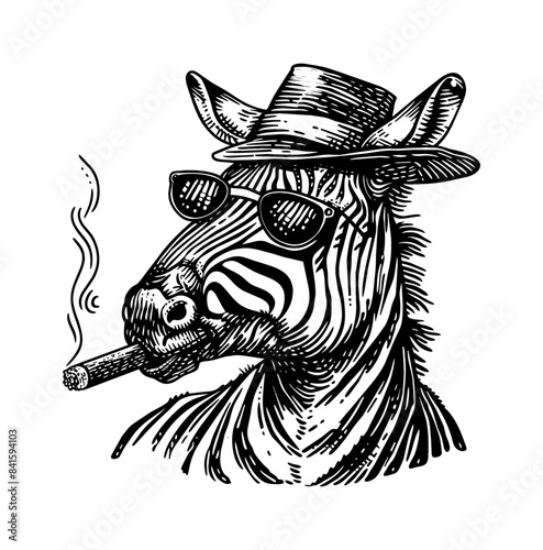 zebra, wears retro hat sunglasses and smoking cigarette engraving black and white outline