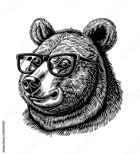 bear, wears black framed eyeglasses engraving black and white outline