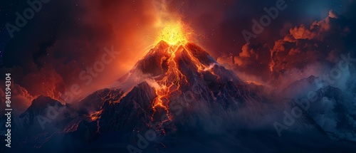 A volcano erupts at night, spewing molten lava down its sides, showcasing the awesome power and energy ready to explode.