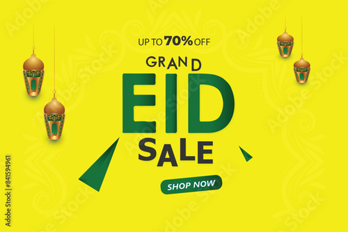 Grand Eid Sale Banner with Yellow Colour , upto70off , Grand Eid Sale Banner , Grand Eid Sale banner template design for social media and website. Special Offer Flash Sale campaign or promotion. photo