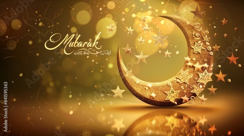 Illustrate a serene image of a crescent moon and star with "Eid Mubarak" written in elegant calligraphy, evoking the spirit of the holiday.