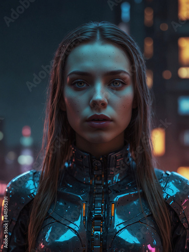 Futuristic Woman with Neon Face Markings in Cyberpunk Cityscape at Dusk