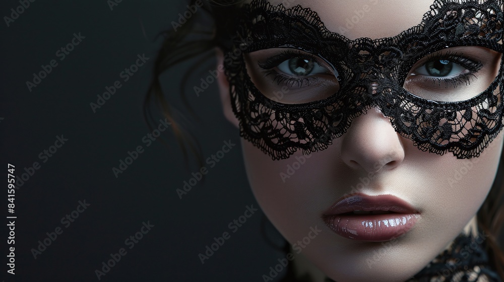 Close up of a beautiful mysterious young woman with black lace mask over her eyes on black background. Close up of a beautiful mysterious young woman with black lace mask over her eyes on black background.
