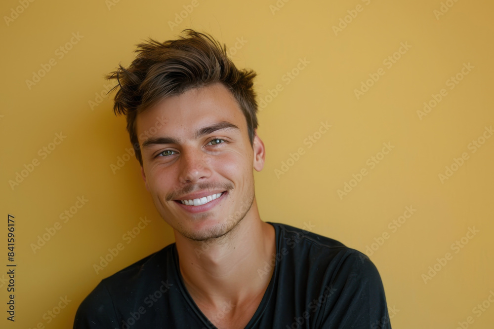 A close up portrait of a young man with a subtle smile A close up portrait of a young man with a subtle smile