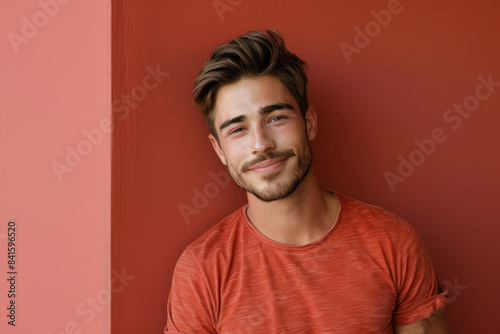 A close up portrait of a young man with a subtle smile