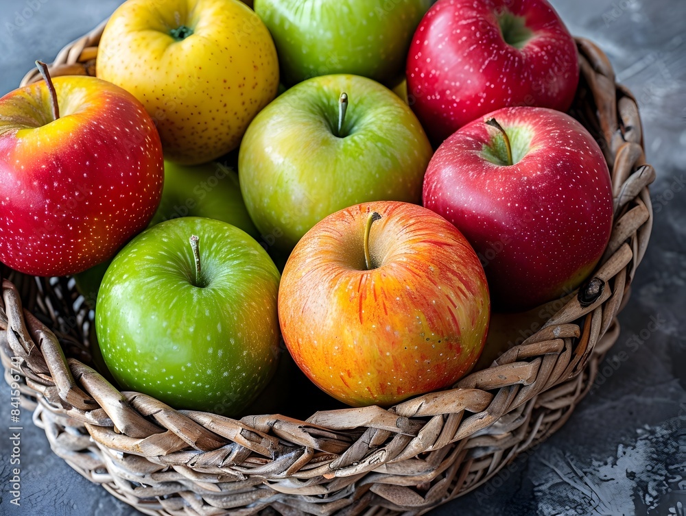 Vibrant Assortment of Fresh Apples in a Woven Basket Vibrant Assortment of Fresh Apples in a Woven Basket