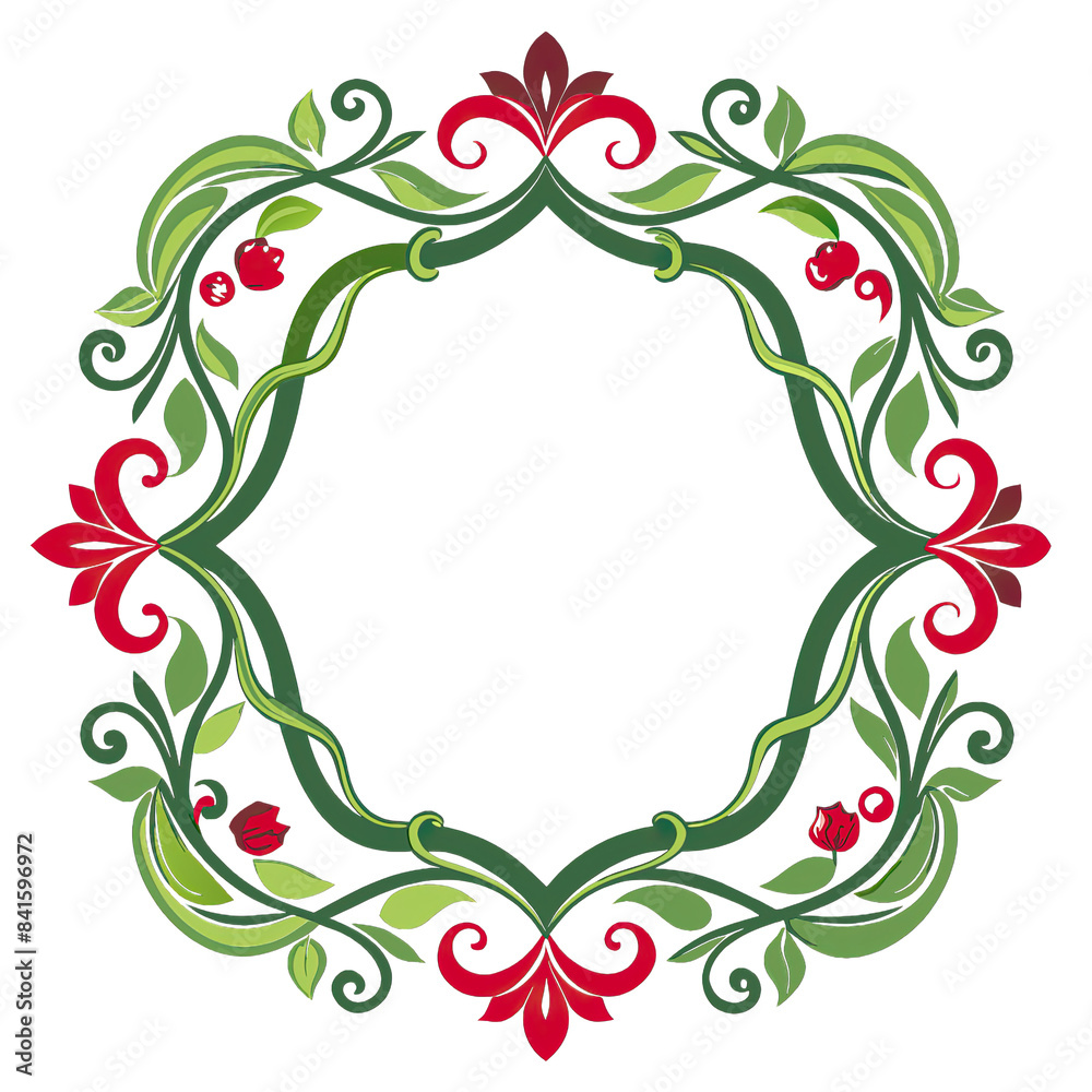 An elegant floral frame design with green leaves, red flowers, and berry accents. The frame is isolated on a white background. Generative AI An elegant floral frame design with green leaves, red flowers, and berry accents. The frame is isolated on a white background. Generative AI