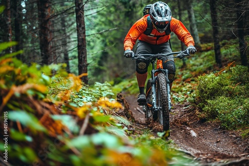 Mountain biker navigating a forest path