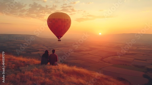 Couple Enjoying Romantic Hot Air Balloon Ride Over Stunning Sunset Landscape