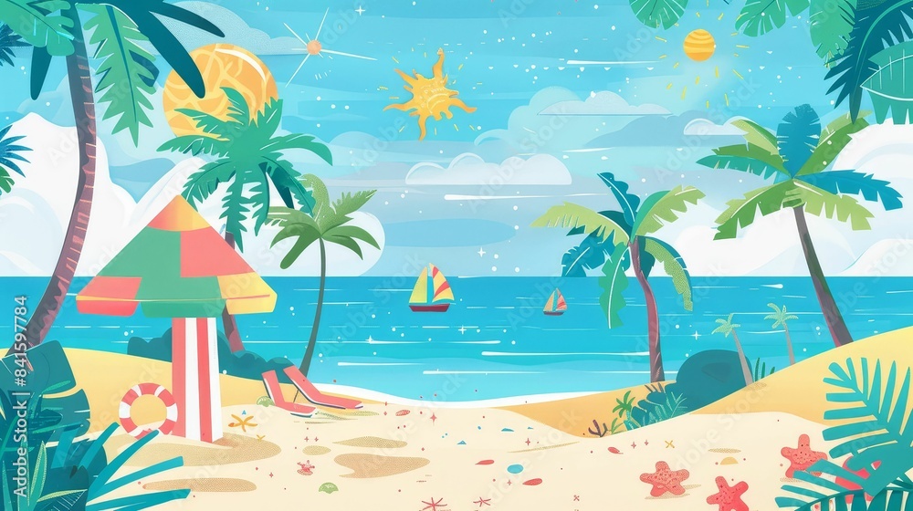 Obraz premium beach scene flat design front view theme vacation cartoon drawing vivid