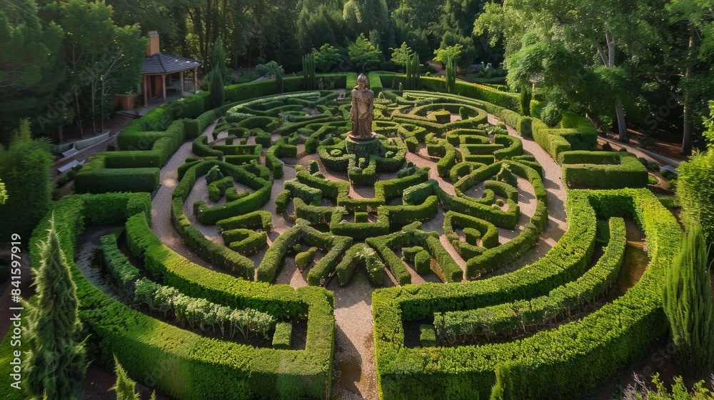 Aerial view of a meticulously trimmed hedge maze, creating an intricate garden labyrinth. Aerial view of a meticulously trimmed hedge maze, creating an intricate garden labyrinth.