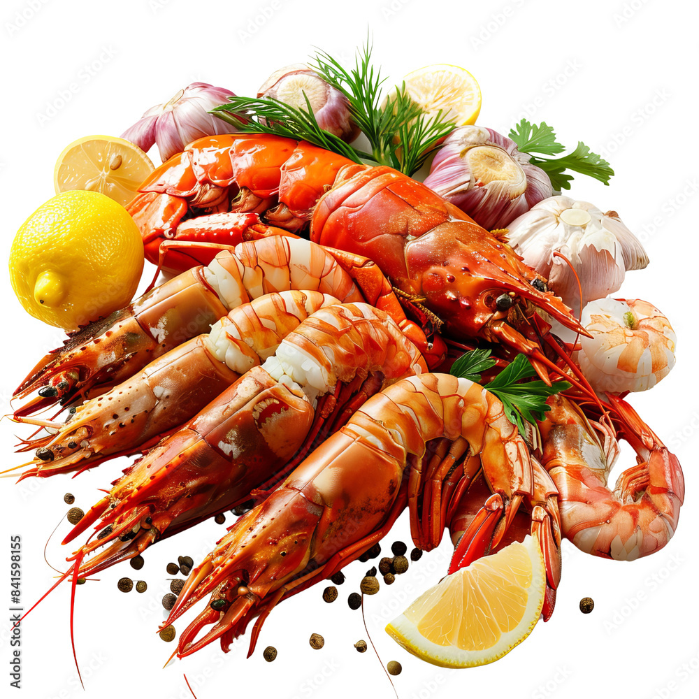 Fresh seafood, including lobster, shrimp, and lemon, arranged with garlic and herbs for a vibrant culinary presentation.