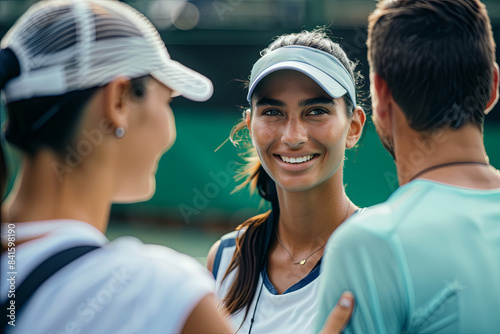 Female tennis player greeting trainer, sportsmanship and respect photo