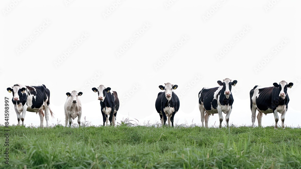 Dairy cows, Black and white color pattern cows, grazing in the farm pasture. white background. Cattle farm. Dairy cows, Black and white color pattern cows, grazing in the farm pasture. white background. Cattle farm.