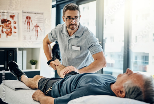 Photography Physiotherapy, senior man and stretching for knee health, medical and consultant with injury support