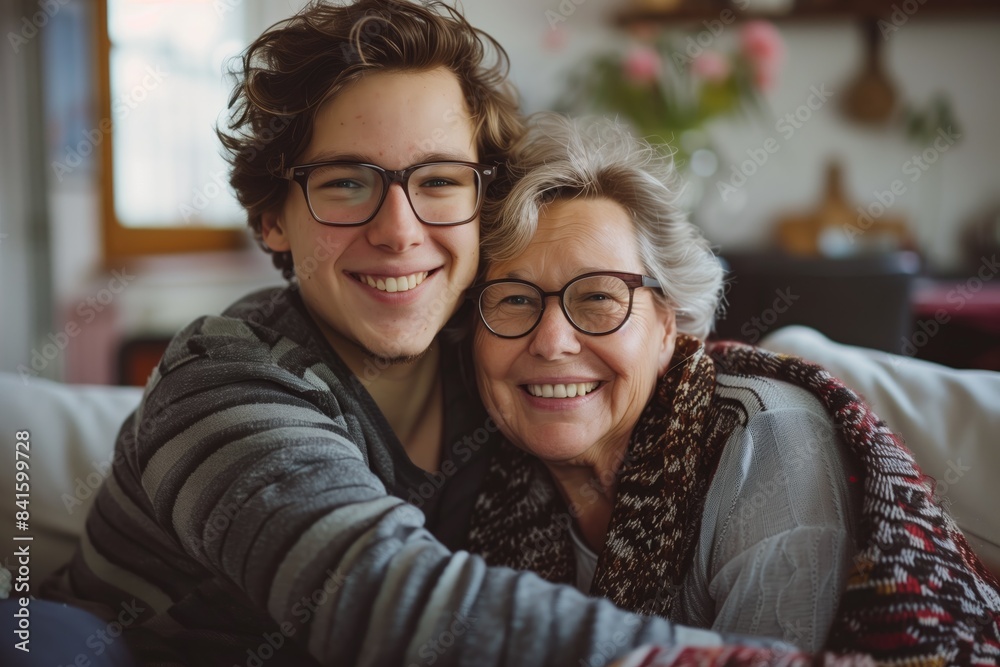 Happy Family Moments: Grandmother and Grandson Smiling Together in Cozy Home Setting, Celebrating Love and Togetherness, Perfect for Family, Generational Bond, and Home Lifestyle Themes