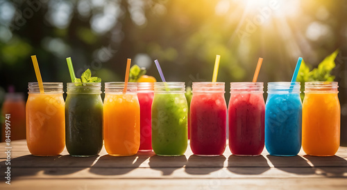 Summer cool slush or smoothie iced fruit juice and refreshing chilled drinks in multi colored plastic containers, placed on table with bokeh of sunlight in background 
