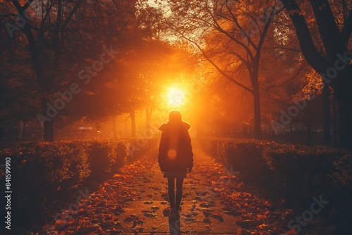 Silhouette of a person walking in autumn dusk