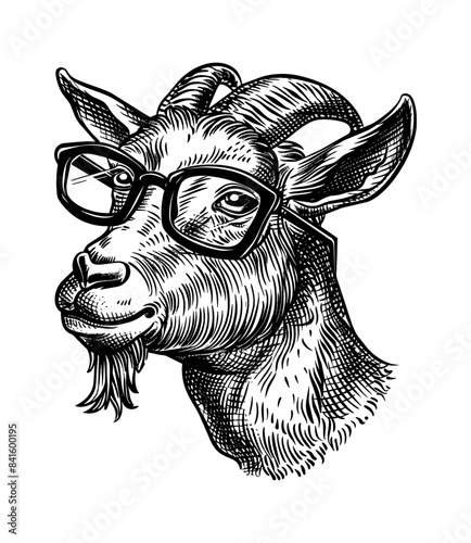 goat, wears black framed eyeglasses engraving black and white outline