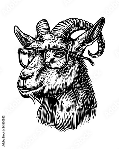 goat, wears black framed eyeglasses engraving black and white outline