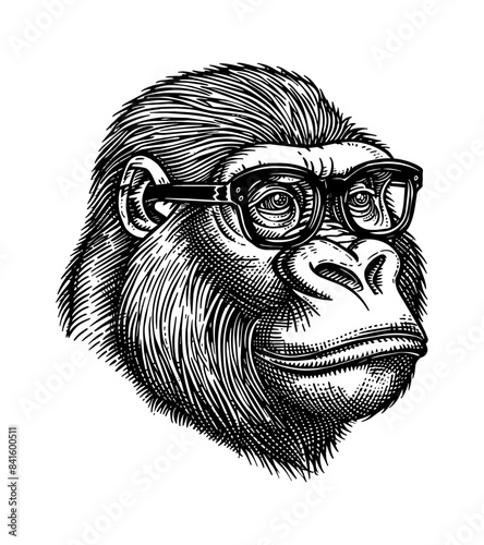 gorilla, wears black framed eyeglasses engraving black and white outline