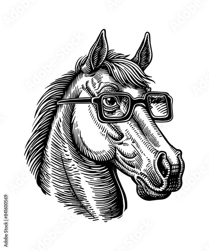 horse, wears black framed eyeglasses engraving black and white outline